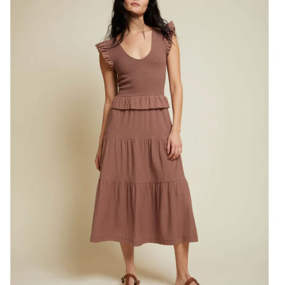 Nation LTD Fabienne Dress Small Mojave Knit V Neck Midi Smock Bodice